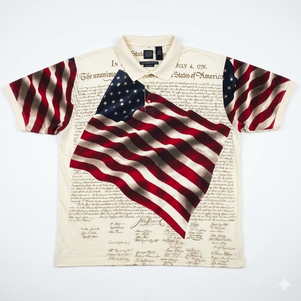 Vintage 90s Cotton Traders USA Flag Polo‎ XXL Declaration Constitution AOP